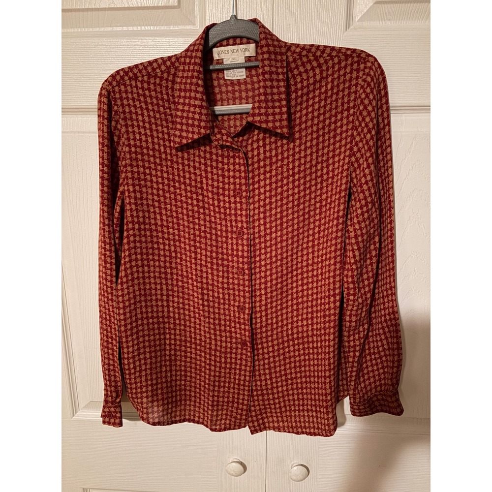 Jones New York 100% Silk Blouse Red Tan Geometric Button Down Shirt Size 16